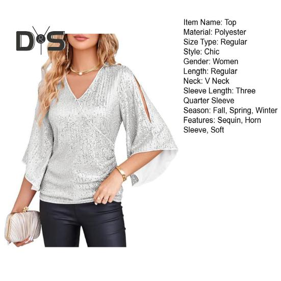 Women Top Shiny Sequin Hollow Out Three Quarter Horn Sleeve Solid Color V Neck Loose Pullover Soft Breathable Lady Commute Prom Blouse