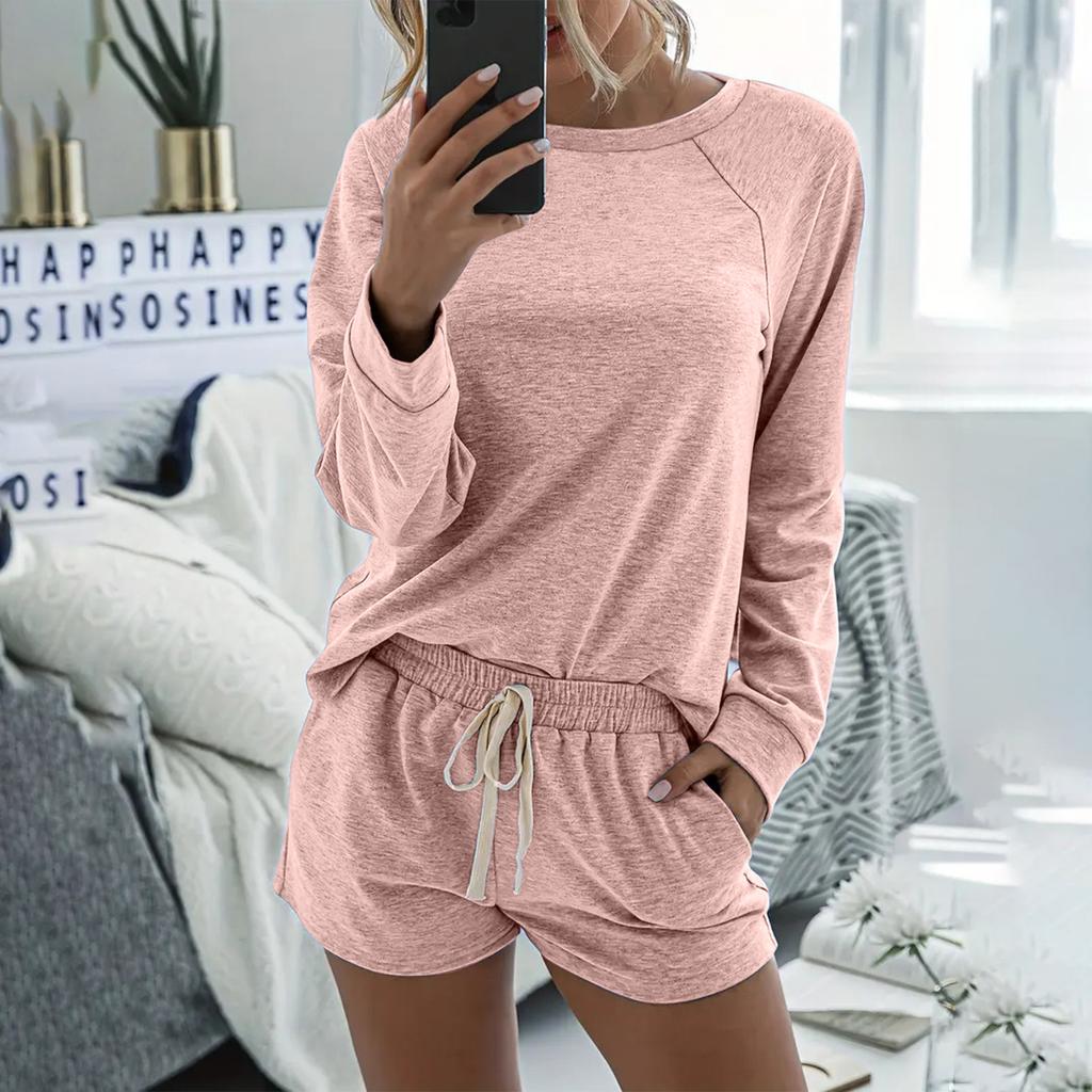 Women's Color Two,Piece Round Neck Long Sleeve Shorts Home Sports Suit