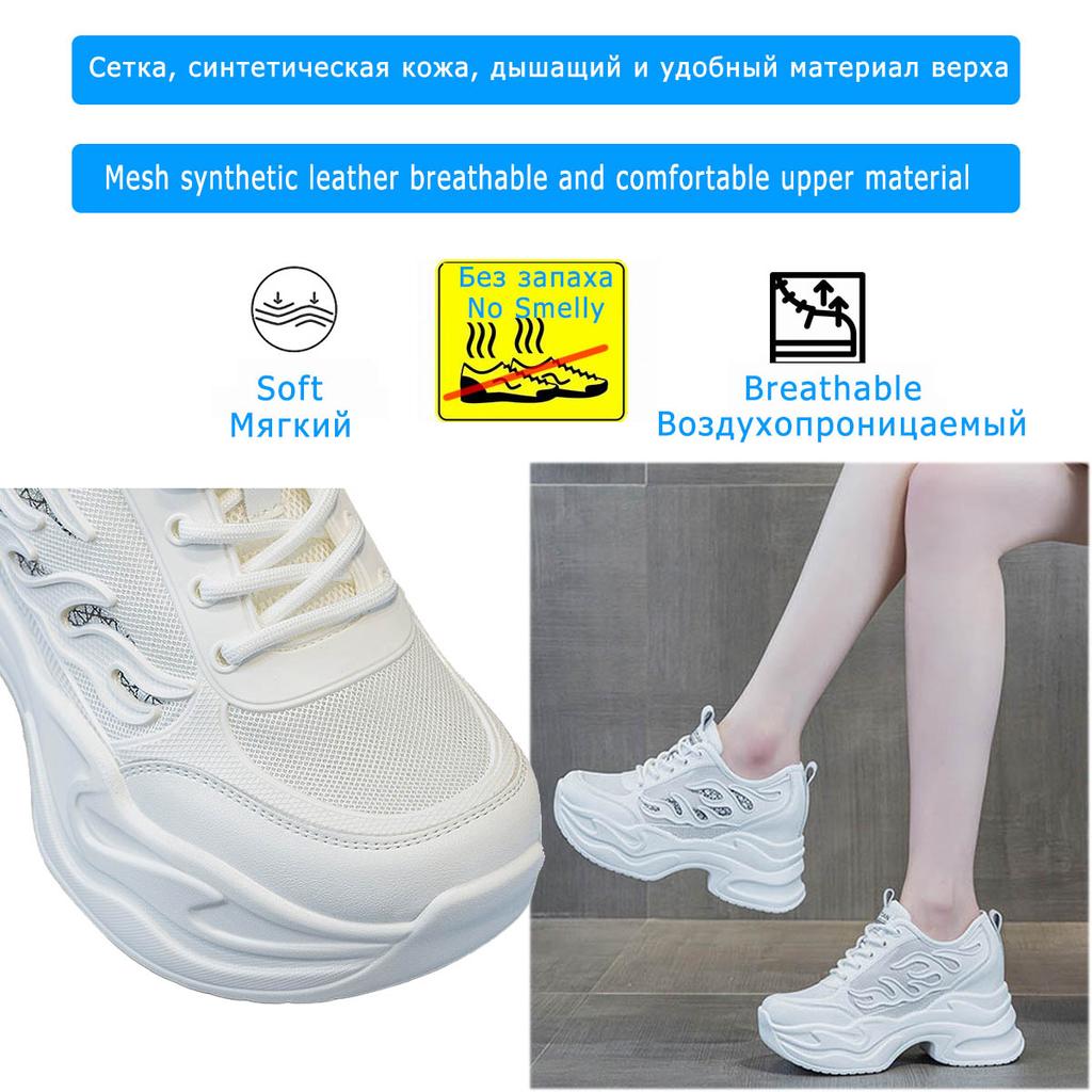 Koznoy 9cm Air Mesh Microfiber Genuine Leather Summer Platform Sneakers Vulcanize Breathable High Brand Casual Women Shoes Lady