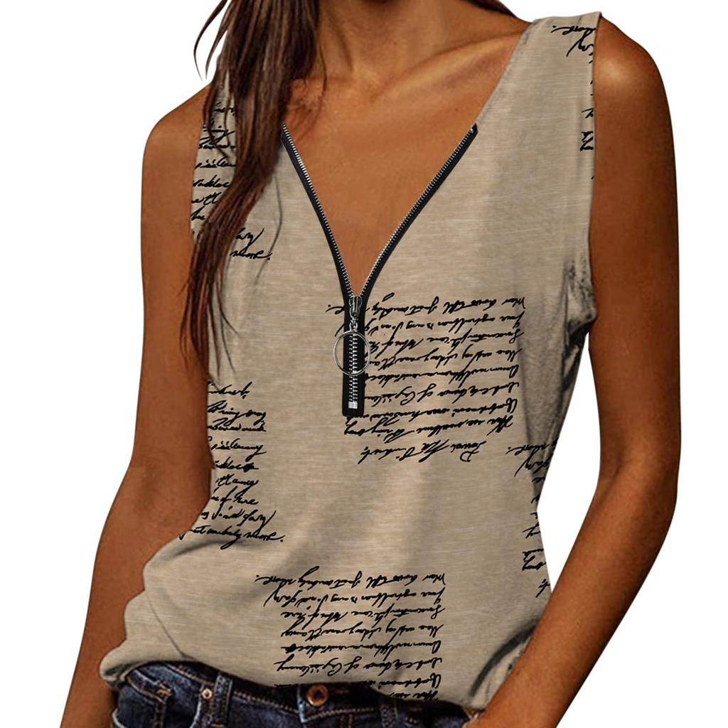 Women's  Fashion Summer New Print V-Neck Zipper Sleeveless Casual Tank Tops