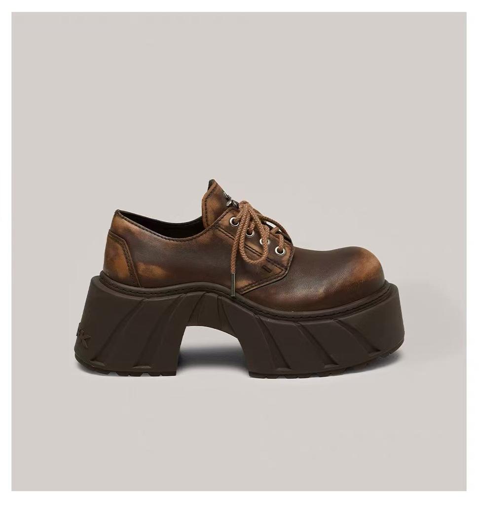 New Women's Leather Round Head High-heeled Single Shoes Retro High-heeled Thick-soled Heightening Lace-up Shoes