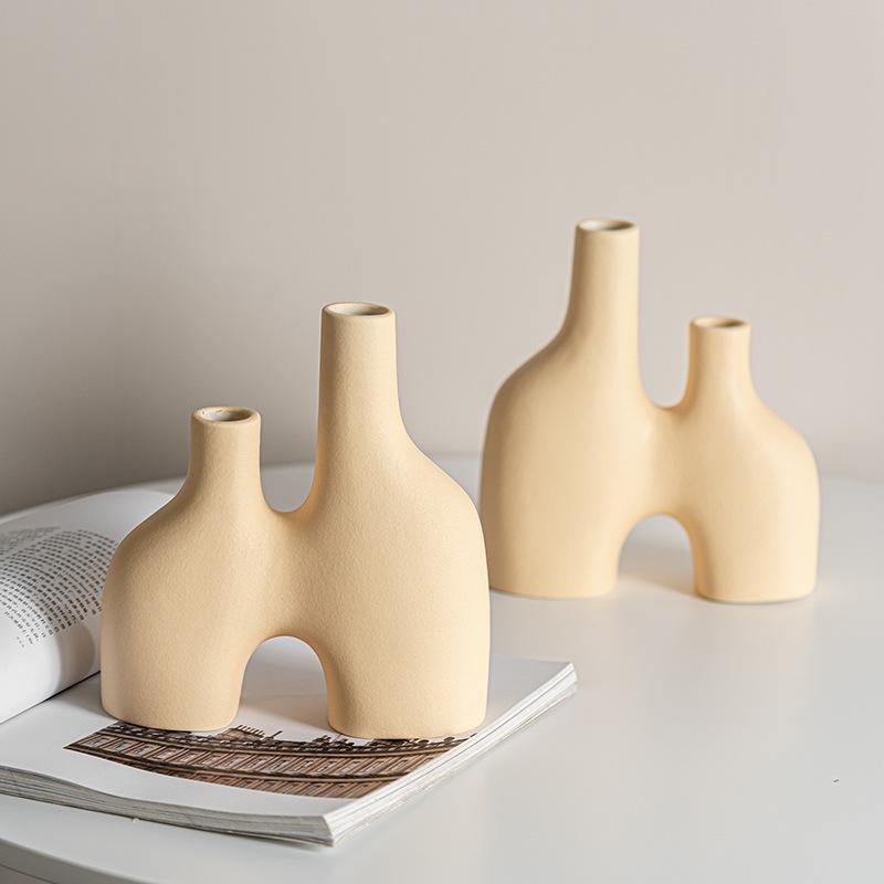 Promotional Simple Double-Port Flower Arrangement Creative Ceramic Vase Small Fresh Home Living Room Decoration Ornament