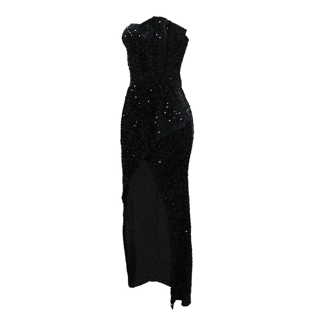 Women's Sequined Evening Dress Sexy Strapless Irregular Dress