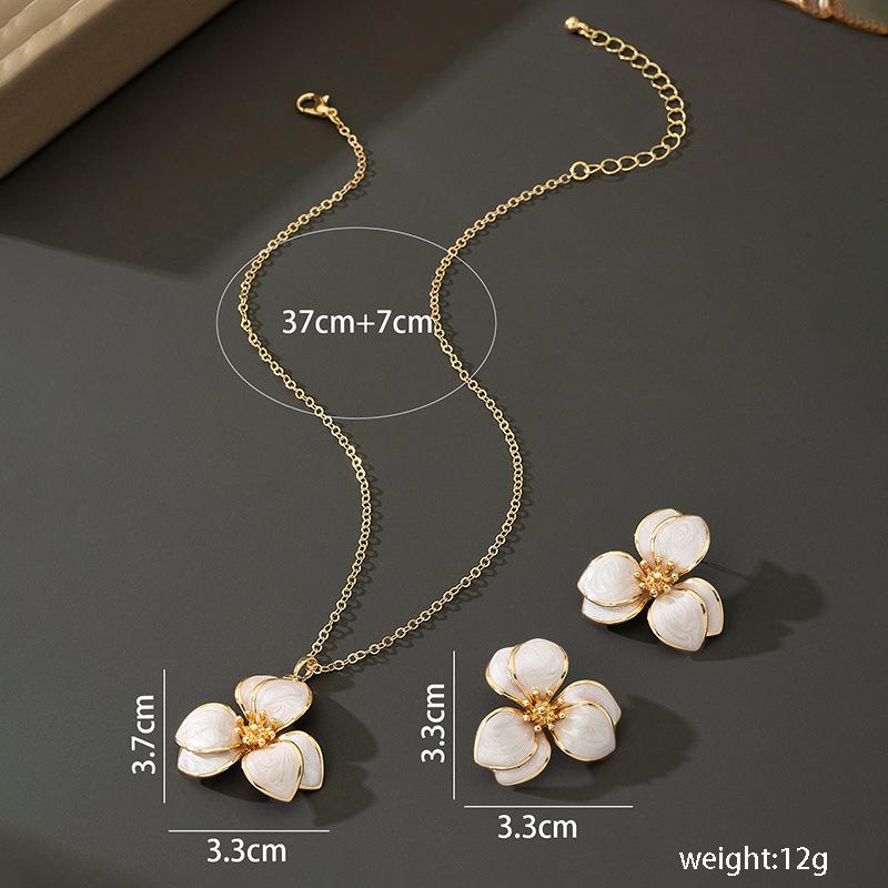 Simple Oil-Infused Flower Earrings And Necklace Set - Casual Jewelry Set For Women