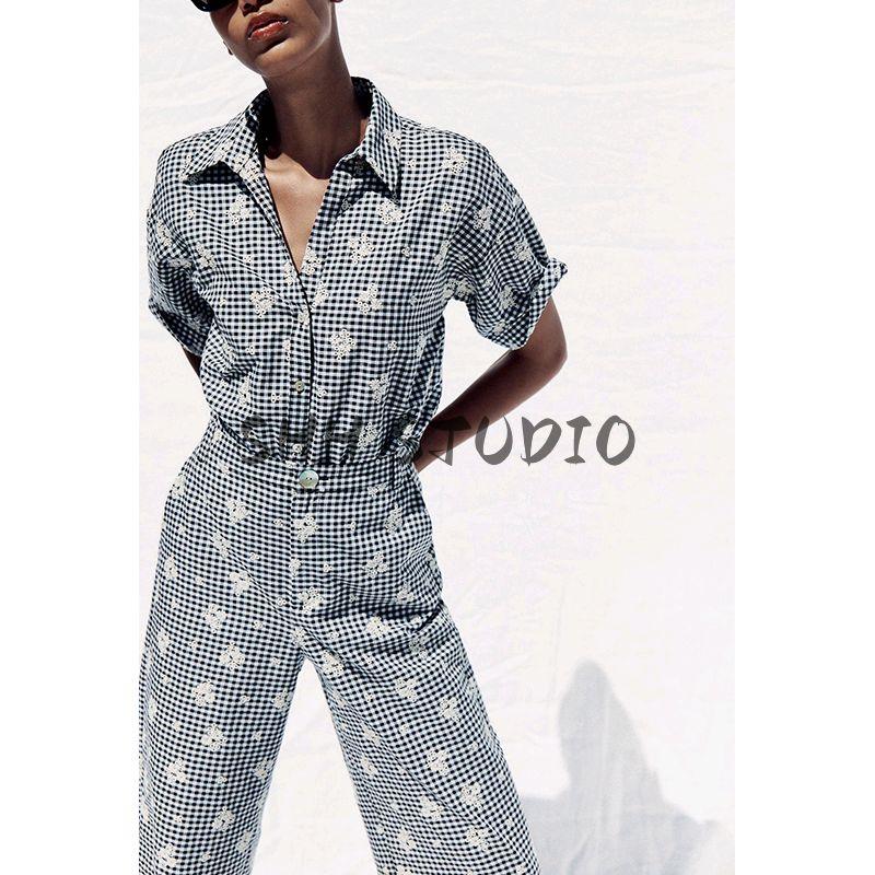 Cut Out Embroider Decorative Long Sleeves Lapel Shirt 3409930 Small Plaid Wide Leg Casual Trousers 3400930