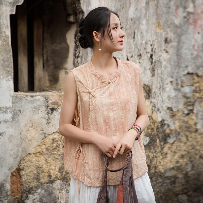 Johnature Kobiety Koszule Vintage Bluzki Stójka Bez rękawów Zapinane na guziki Bluzki Letnie Tie-dye Koszule w stylu chińskim