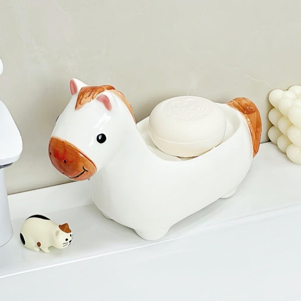 Cute Horse Soap Dish Soap Box Drainable Self Draining Soap Holder Ceramic Soap Container Bathroom Decor Organizer for Sink