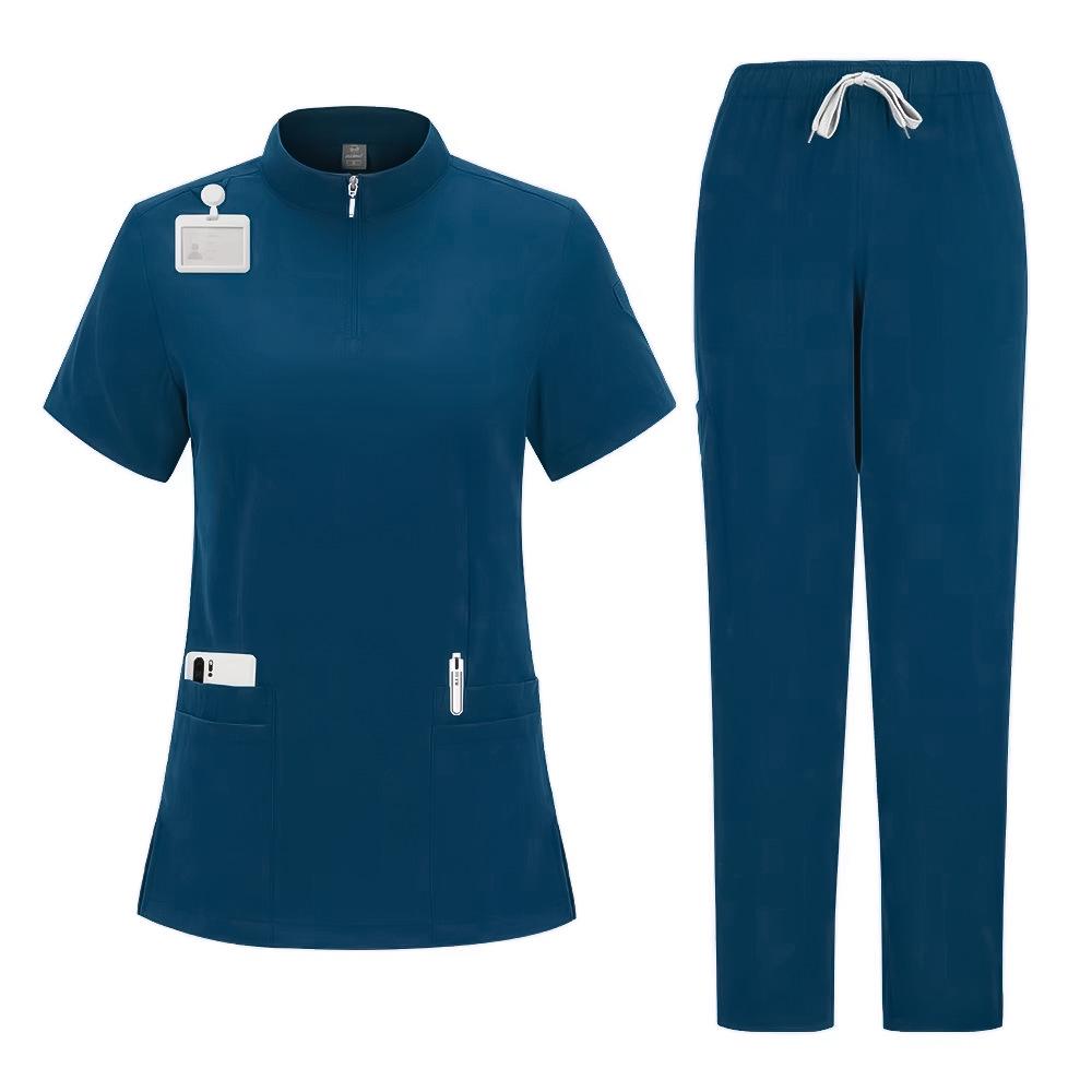 Solid Color Surgical Scrub Set: Stand-up Collar, Zipper Top, Straight Leg Pants