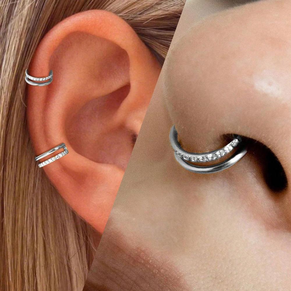 1pcs Double-Hoop Cartilage Earring Diamond Earrings 16G Stainless Steel Hypoallergenic Nose Rings Helix Conch Piercing Jewelry