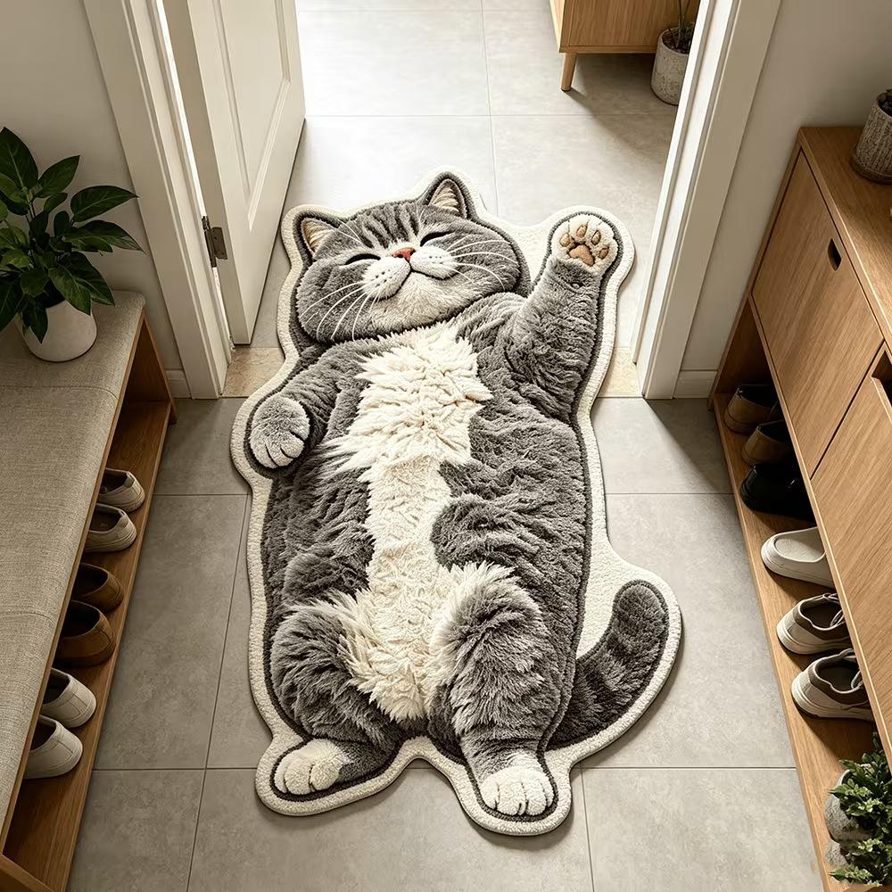Realistic Cat Faux Cashmere Floor Mat Thickened Bedside Rug Absorbent Bathroom Foot Pad Cute Pet Bedroom Carpet