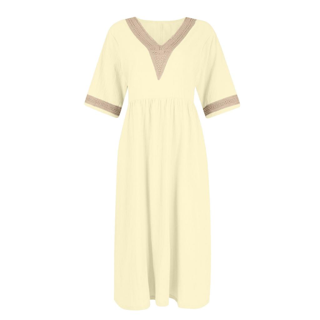 Women's Fashionable Casual Color Short Sleeved Lace V-Neck Waist Cinched Dress