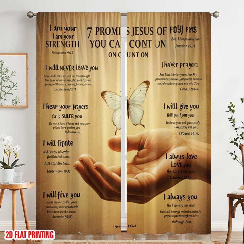 2pcs 2D Flat Printing Window Curtains Jesus Promises Strength Peace Polyester Without Electricity All Season Party & Holiday