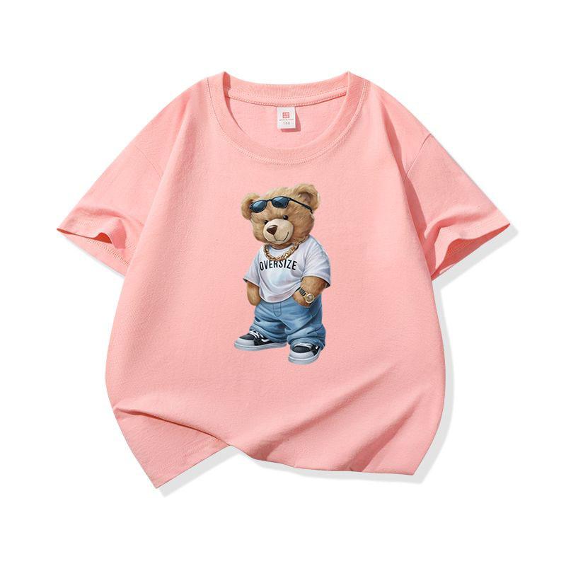 Hip Hop Style Bear With Sunglasses Graphic Tee Kids Pure Cotton Crew Neck T Shirt Short Sleeve Muticolor Tops Boys Girls Child