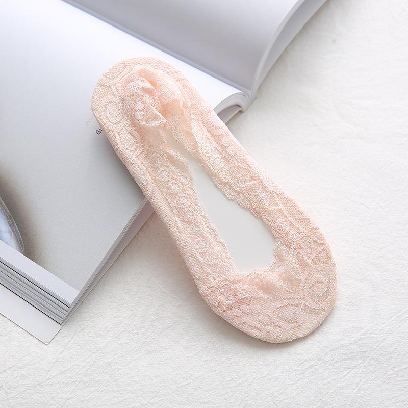 Women's Summer Lace Low-Cut Socks, Thin & Breathable with Cotton Bottom and Silicone Anti-Slip Heel Grip.