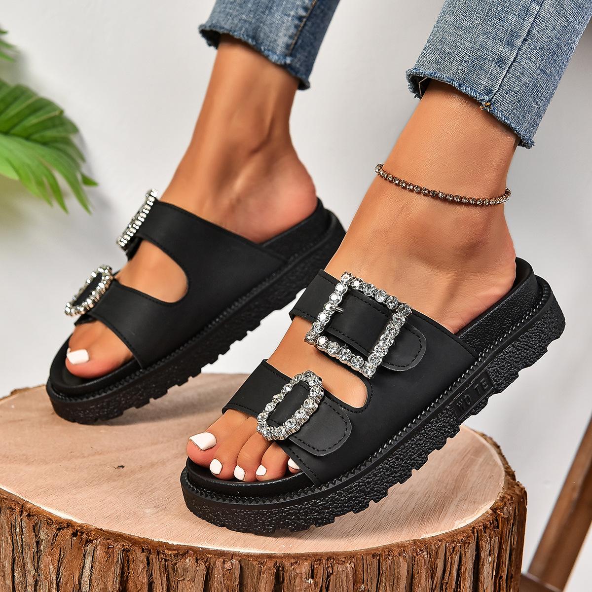 

European and American fashion rhinestone belt buckle thick-soled cool slippers 2025 summer beach foreign trade large-size women s shoes 36