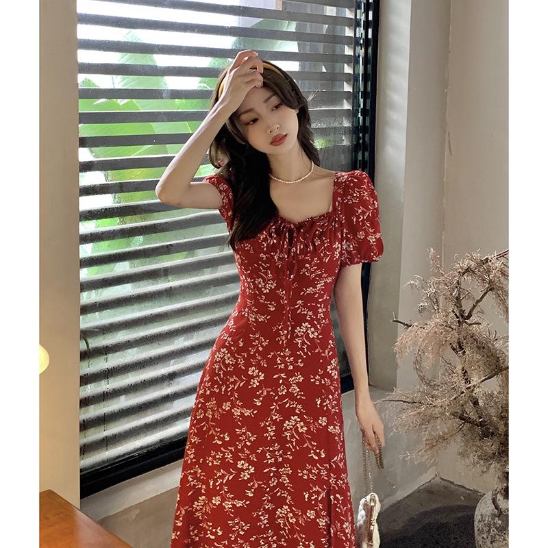 

French Hepburn-Style Red Floral Square-Neck Summer Dress for Women L