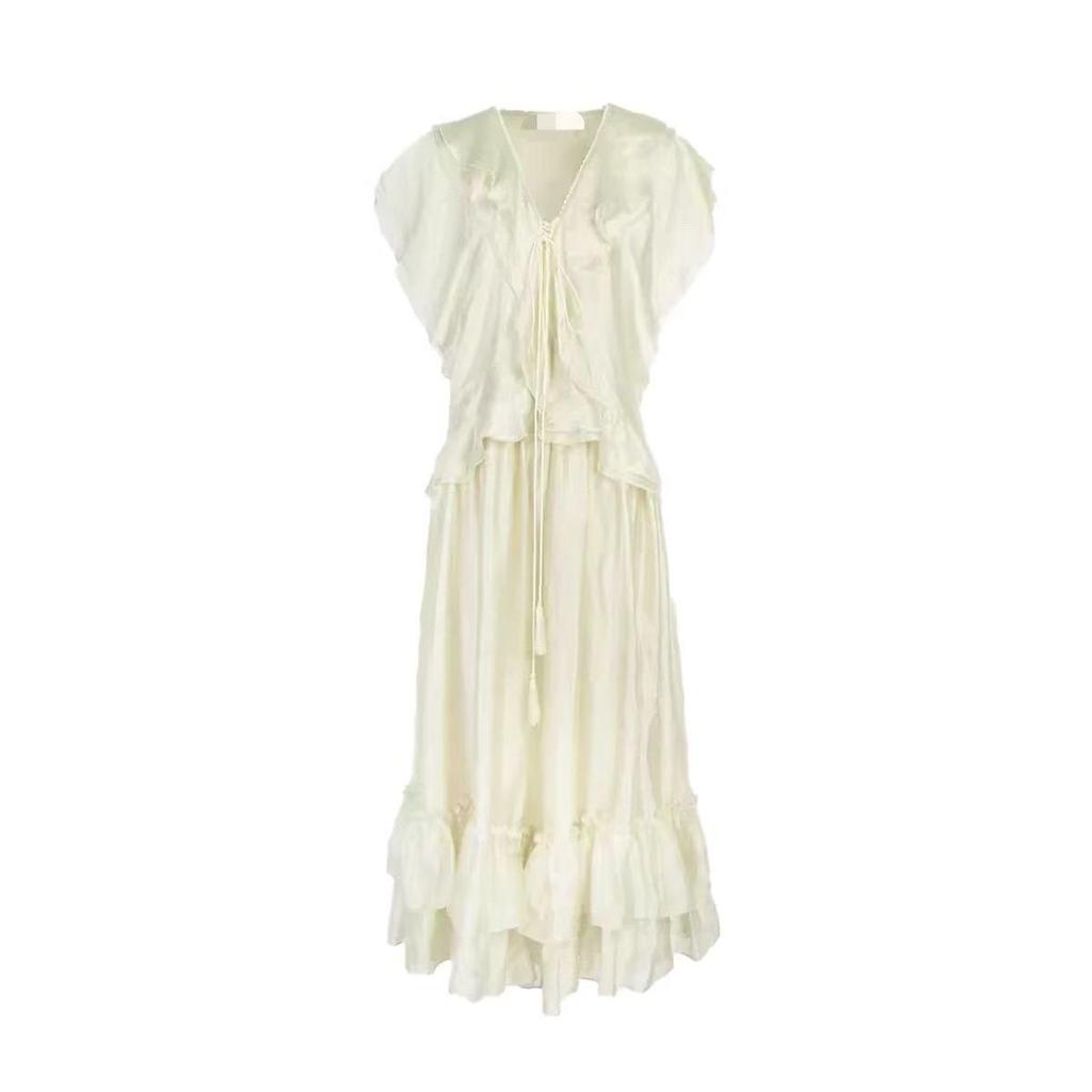 Designer Brand Spring Acetate Ruffle Tie-Up Dress, Celebrity V-Neck Style