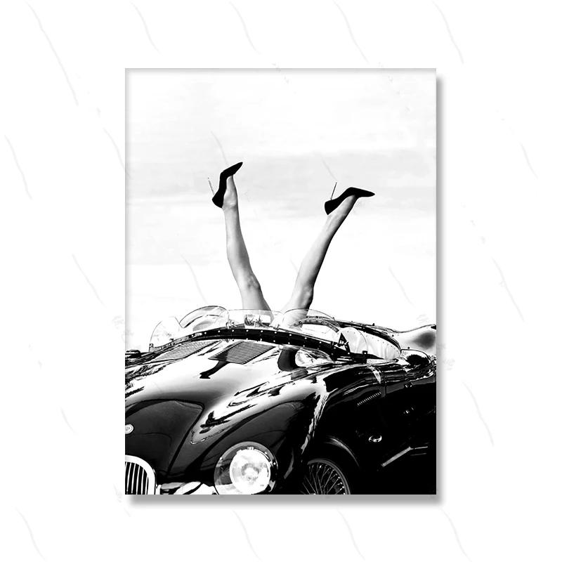 Black White Feminist Art Picture Poster Print Middle Finger Woman High Heels Classic Car Fashion Photography Girl Room Home Deco
