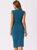 Allegra K Sheath Pencil Round Slim Peacock Size XS Women's Dress, Neck, Fit, Sleeveless, Blue,
