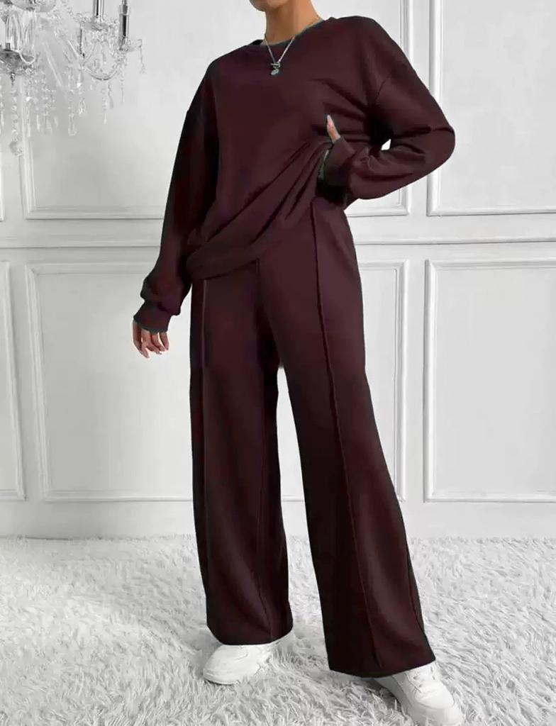 Women's Light Brown Relaxed Fit Round Neck Long Sleeve Top and Wide Leg Pants Lounge Set