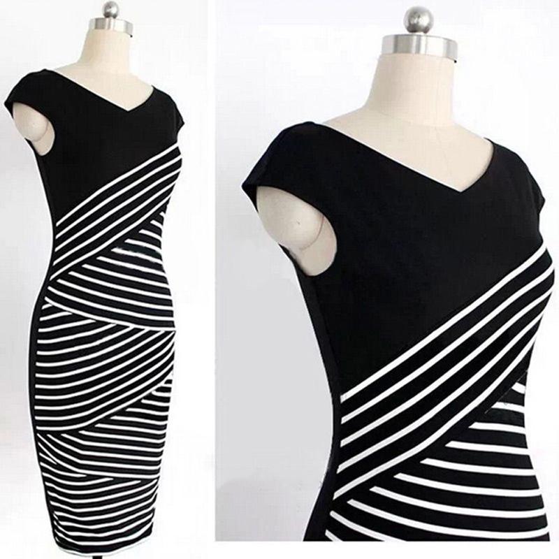 Womens Elegant Fashion Summer V Neck Stripe Party Bodycon Pencil Dress Office