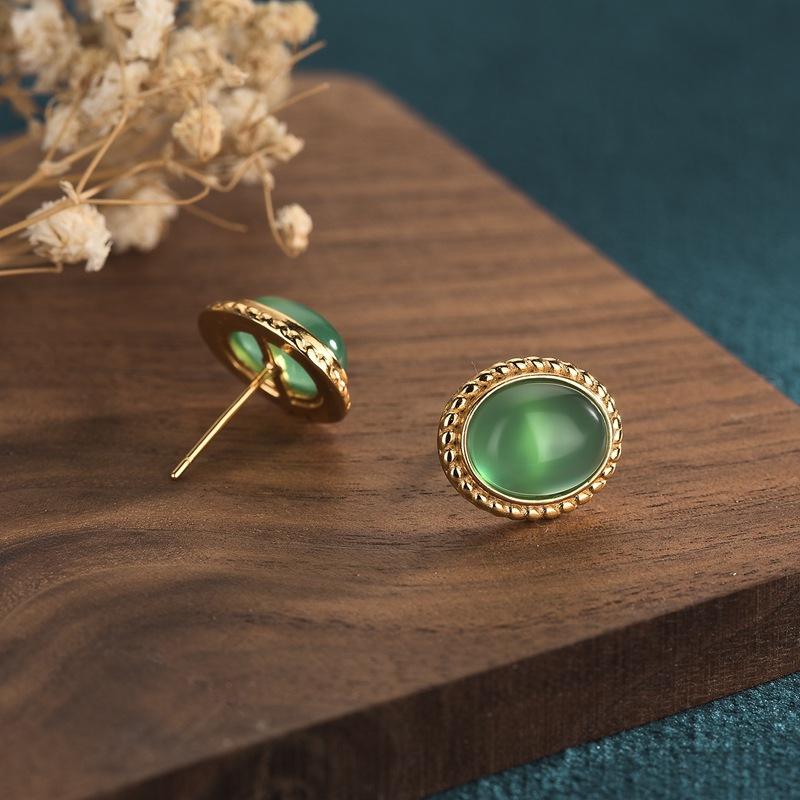 PANJBJ 925 Sterling Silver Hotan Jade Stud Earring for Women Girl Round Vintage Luxury Jewelry Banquet Gift Dropshipping
