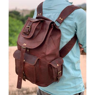 Genuine Goat Leather Large Men's Vintage Backpack Travel Rucksack Laptop Gym Bag