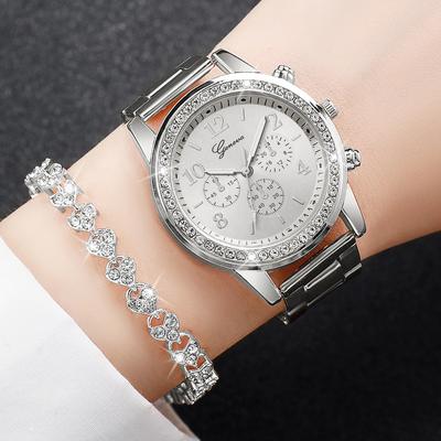 Moderne Damen Armbanduhr aus Edelstahl, Silberfarben, mit Quarzwerk & Diamantarmband