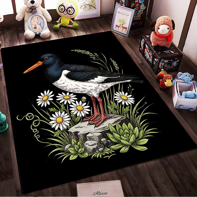 Bird and Floral Print Carpet with Black Background and Daisies Design Suitable for use as an anti-slip for living room bedroom sofas