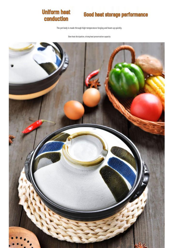 Japanse Keramische Kleipot: Multi-Use Stoofpot, Rijstkoker, Gas- en Inductiekookplaat - Kleine Maat Steen en Platte Pan voor Soepen.
