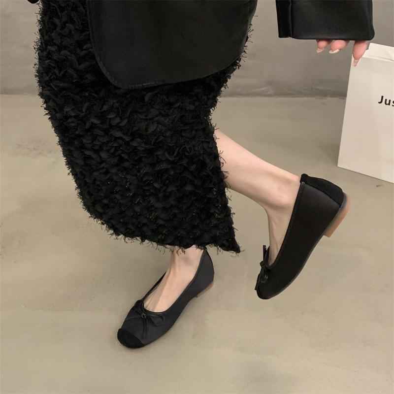 2025 spring and autumn new single shoes gentle wind fairy shoes light mouth bow soft flat bottom one pedal ladyshoes