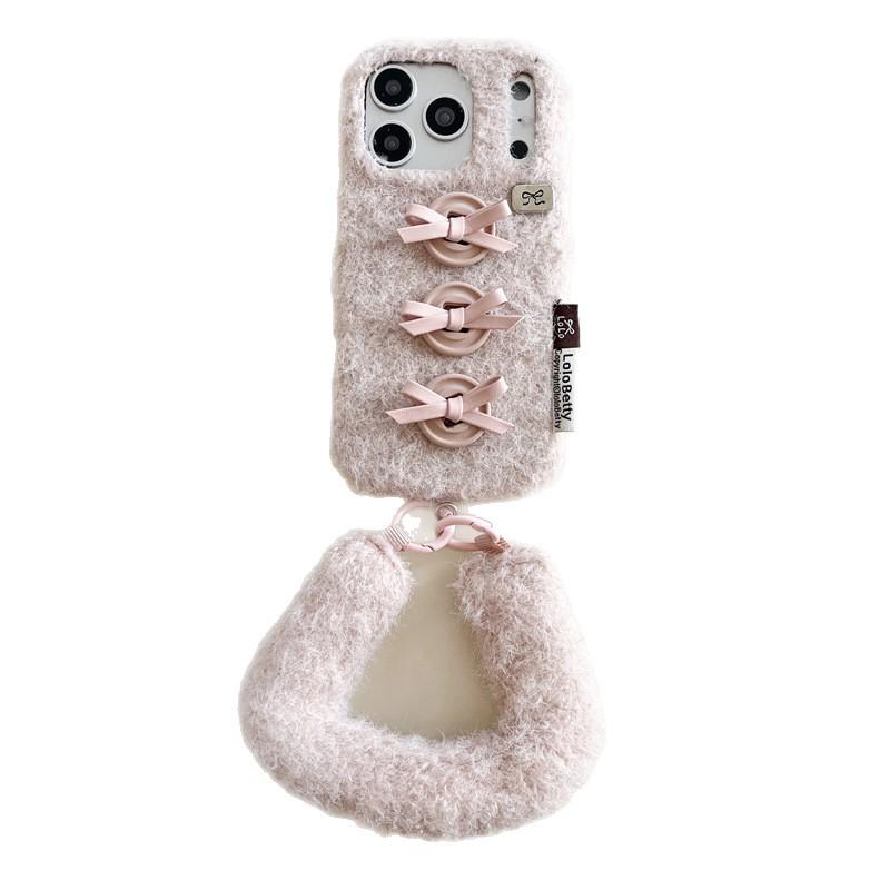 Winter Velvet 3D Bow Button Phone Case for iPhone 17/16 Pro Max/15/14