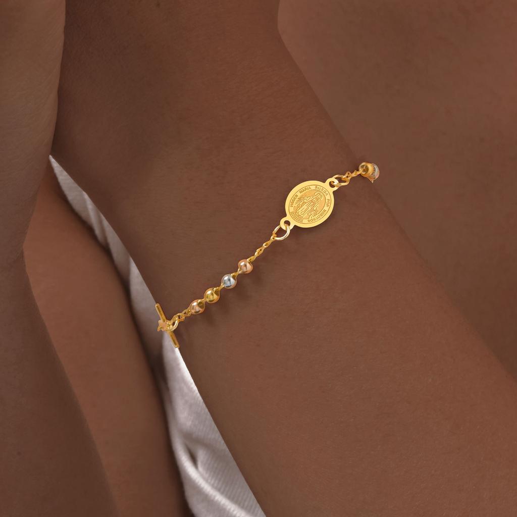 Three-color Holy Rosary Cross Bracelet for Women,Round Bead Stainless Steel Gold Color Bracelet,Virgin Mary Christianity Jewelry