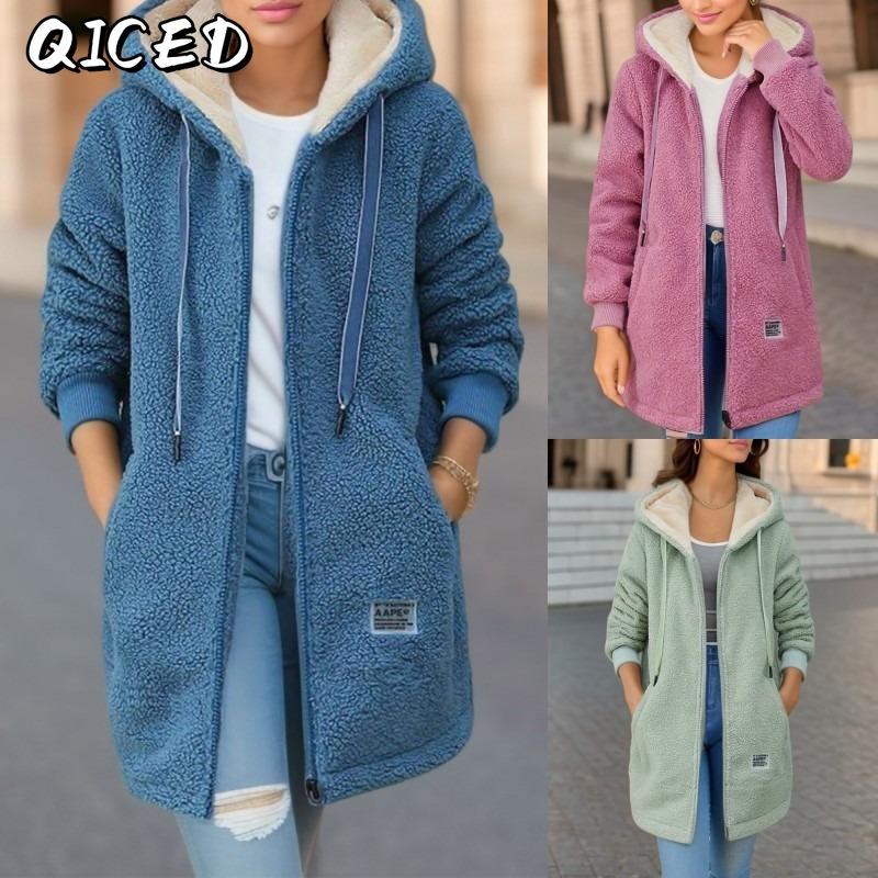 QICED Women's Vintage Casual Solid Color Print Autumn Winter Long Sleeve Jackets & Coats