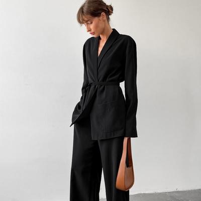 Spring Elastic Waist Long Pants Pajamas Sets For Women Lapel Lace Up Shirts Wide Leg Trousers 2 Pieces Suits 2025 Spring Lady Outfits