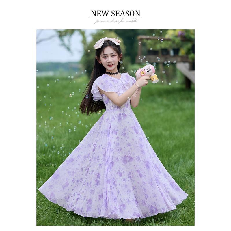 Mädchen Sommerkleid mit Blumenprint, Prinzessinnenstil, kurzärmelig, A-Linie, für größere Kinder