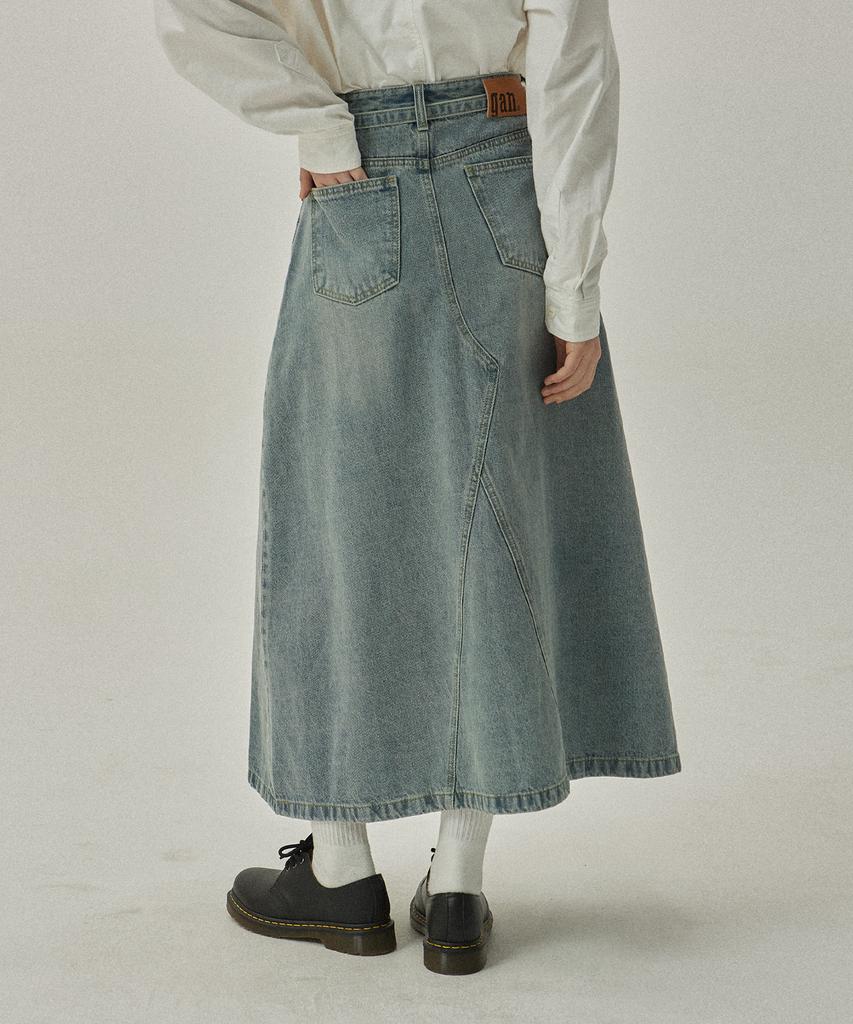 MAGOODGAN Lon As 7996 Belted Fadewash Light Indigo Denim Long Skirt