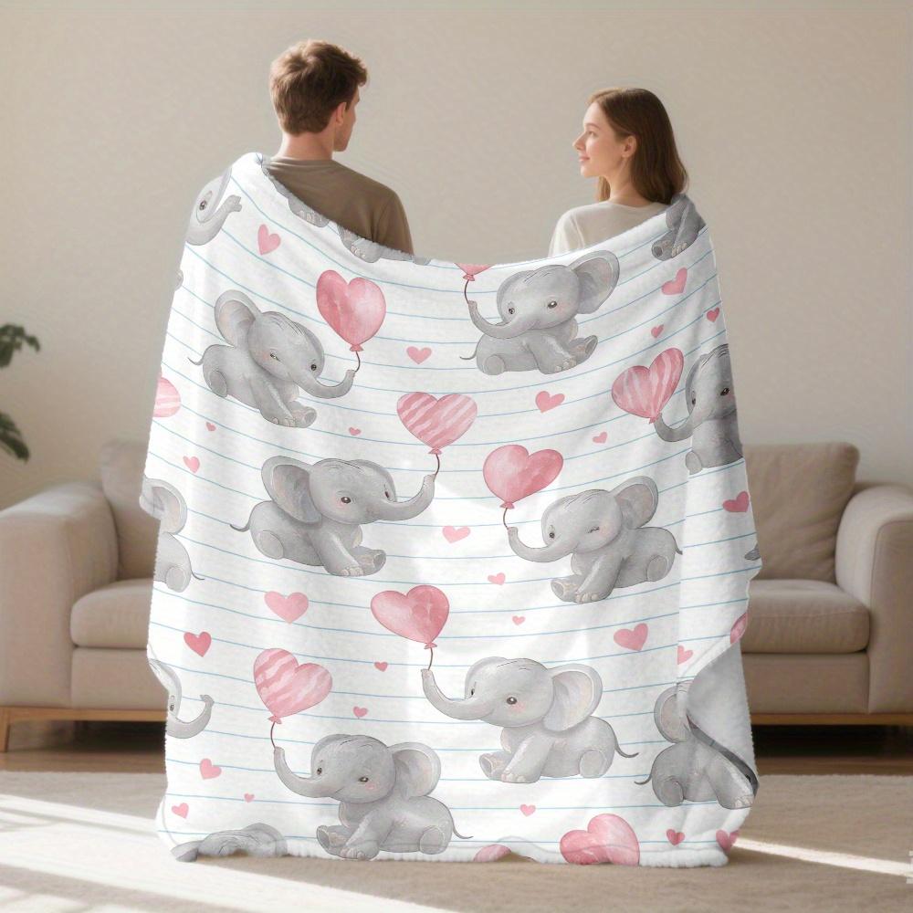 Cute Elephant Pink Balloon Hearts Throw Blanket - Whimsical Animal Pattern Cozy Soft Accent for Bed Sofa Office Travel