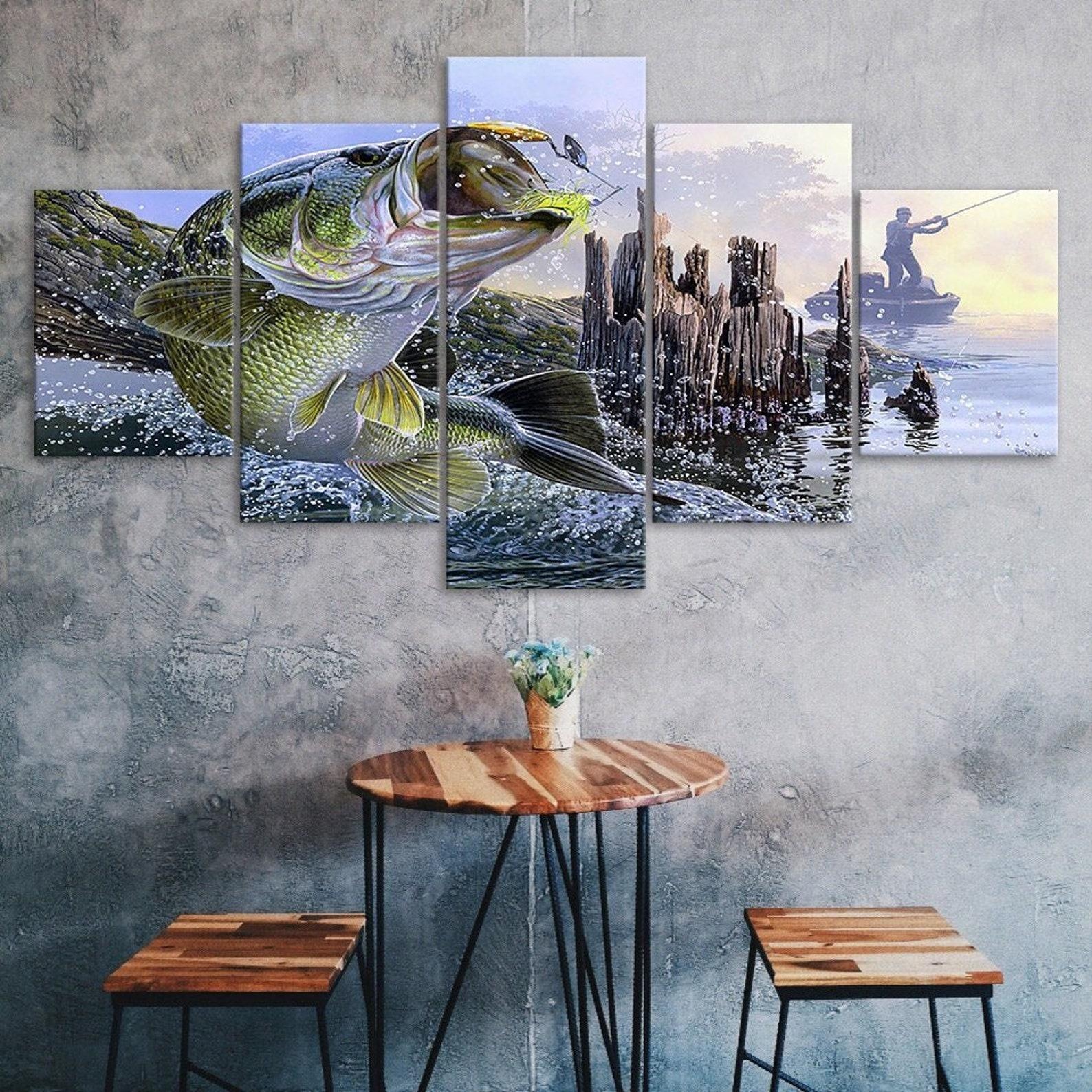 

Largemouth Bass Fishing Boat Fisherman 5 Piece Five Panel Wall Canvas Print Modern Art Poster Picture Home Decor Gift For Him For Her 20X35 20X45 20X55CM