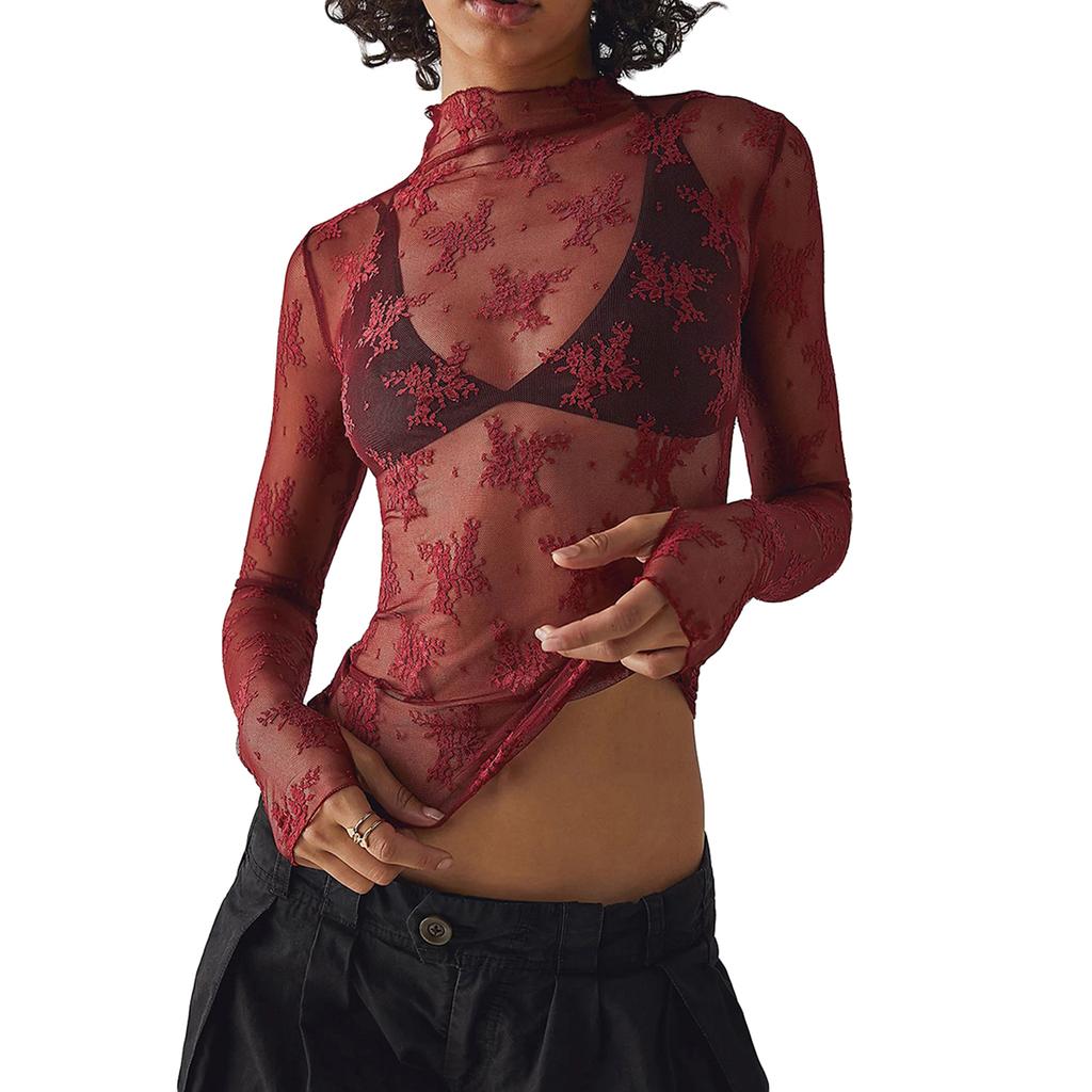 Women Long Sleeve T-Shirts Mesh See-Through Mock Neck Lace Shirts Spring Fall Slim Fit Tops Streetwear