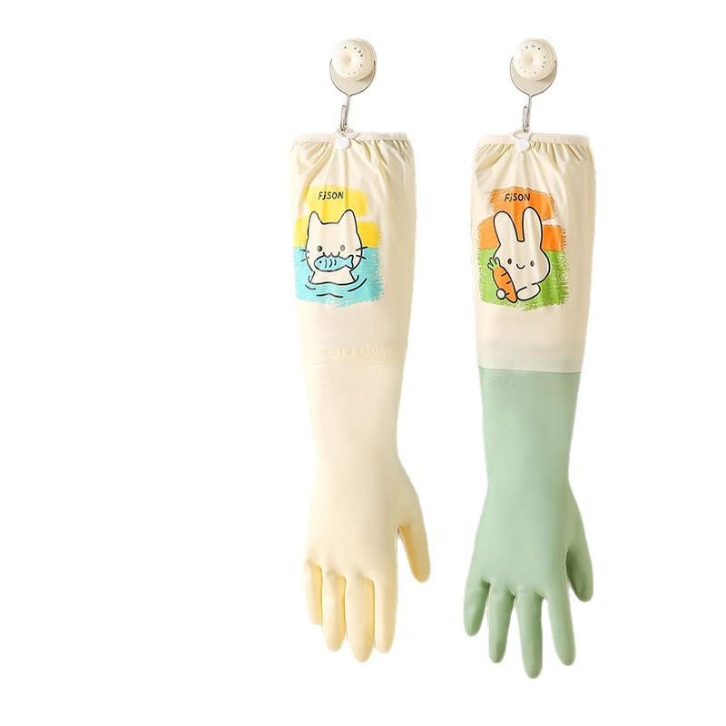 Waterproof Dishwashing Gloves, Thick Rubber Latex for Washing Vegetables, Long-sleeved, Durable, for Scrubbing Dishes, with Fleece Padding