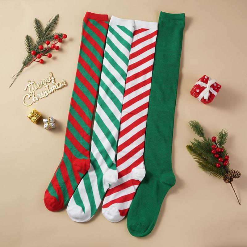 Christmas Green Red Cotton Stocking Striped Over The Knee Bowknot Long Socks