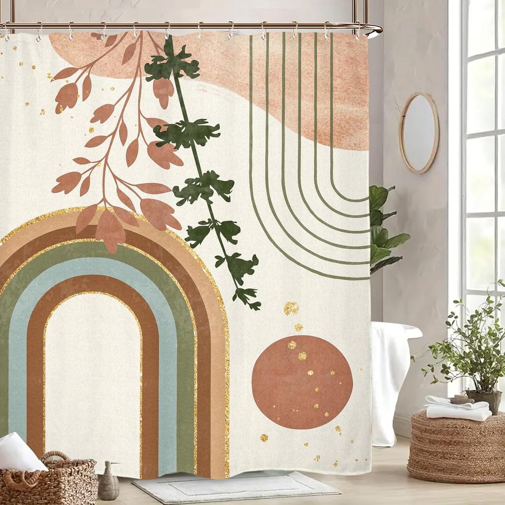 Miyotaa Abstract Mid Century Shower Curtain Set 60Wx71H Inches Minimalist Aesthetic Plant Leaves Terracotta Geometric Arch Moder