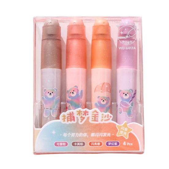 4Pcs Cute Bear Glitter Highlighter Set Large Capacity Pastel Markers for Journaling Notes Smooth Quick-Dry Fun School Supplies for Kids Students