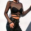 Black Mesh Long Sleeve Crop Top – Sexy Sheer Fishnet Round Neck Tie‑Front Slim Fit Women’s Clubwear