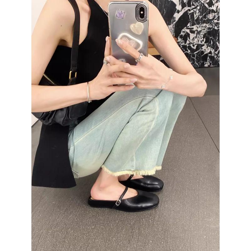 Sheepskin version inner height increase leather word with shallow mouth single shoes bag head half slippers women's Mary Jane shoes