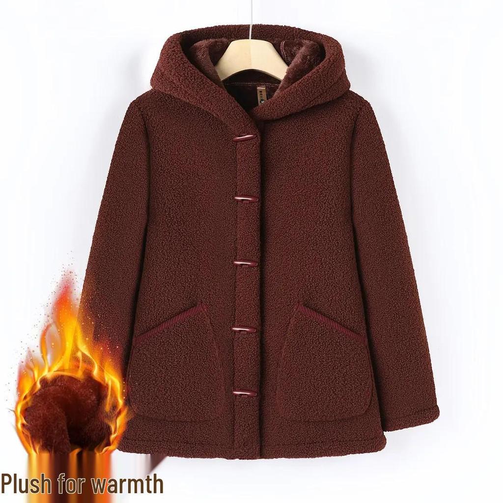 One-Piece Fashionable Winter Hooded Jacket for Middle-Aged and Elderly Women - Plus Velvet and Fleece Lined