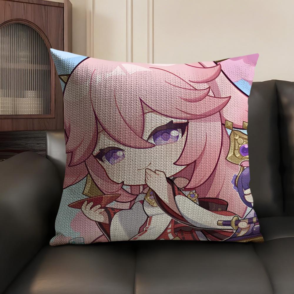Yae Miko Cute Genshin Impact Cushion Cover Natural Linen Organic Fabric DoubleSided Printing Sofa Home Decor Gift Pillow Case