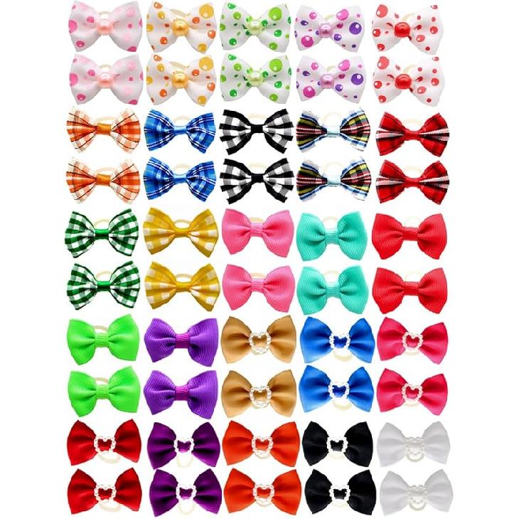 YOY 50 Pcs Adorable Grosgrain Ribbon Pet Dog Hair Bows with Elastic Rubber Bands - Doggy Kitty Topknot Grooming Accessories Set for Long Hair Puppy