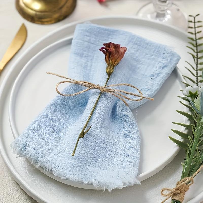 6pcs 32x32cm 100% Cotton Soft Beige Gauze C Wedding Napkins Reusable Blue Trim Tea Towel Rustic Retro Burrs Napkins For Dinner,Party,Weddings